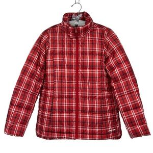 Land's End Plaid Boxy Puffer Jacket Red White Blue Mock Neck Size Small